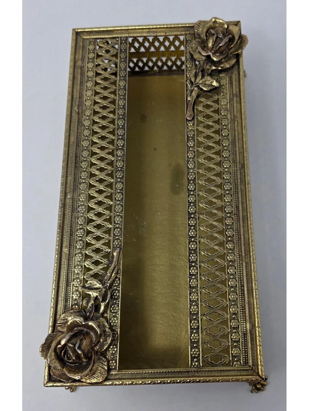 Vintage Gold-Tone Metal Filigree Tissue Box Cover Roses Hollywood Regency